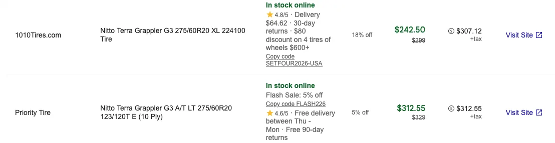 Rivian R1T R1S Nitto Terra Grappler G3 tires available Screenshot 2026-02-11 at 12.47.05 PM