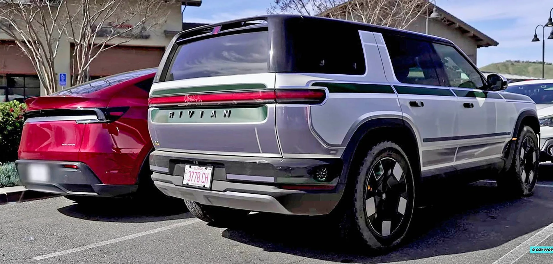 Rivian R2 vs. Model Y vs. R1 size comparison (dimensions: length, width, height, wheelbase, storage capacity) {filename}