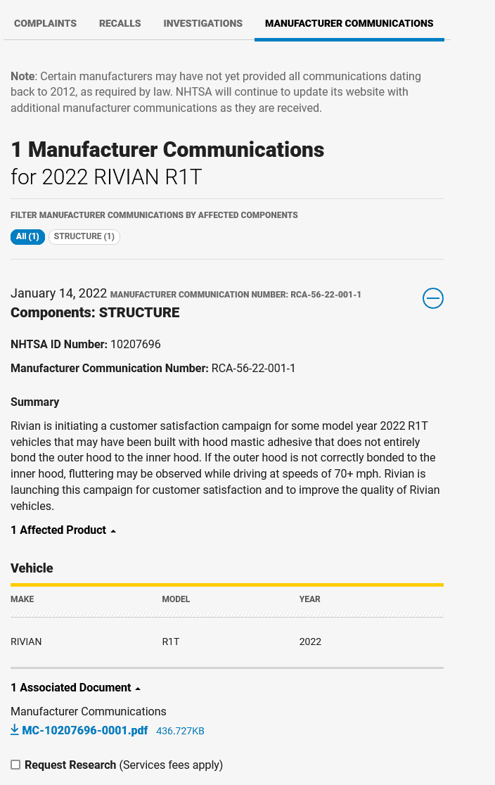 Rivian R1T R1S NHTSA now has a R1T & R1S for their Database 1646017016978