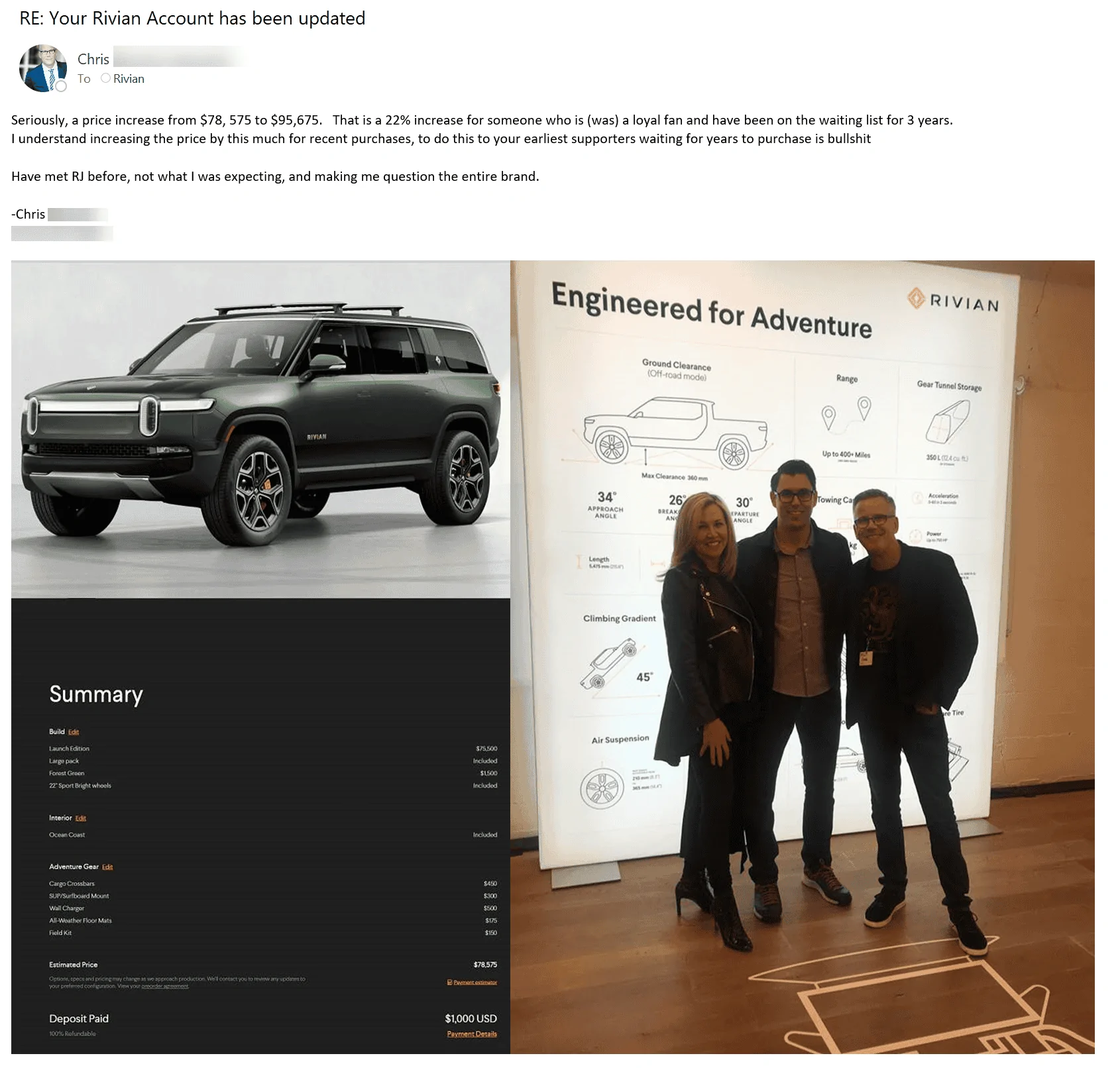 Rivian R1T R1S Complain directly to Rivian in writing RE: this ridiculous price increase. 1646191373507