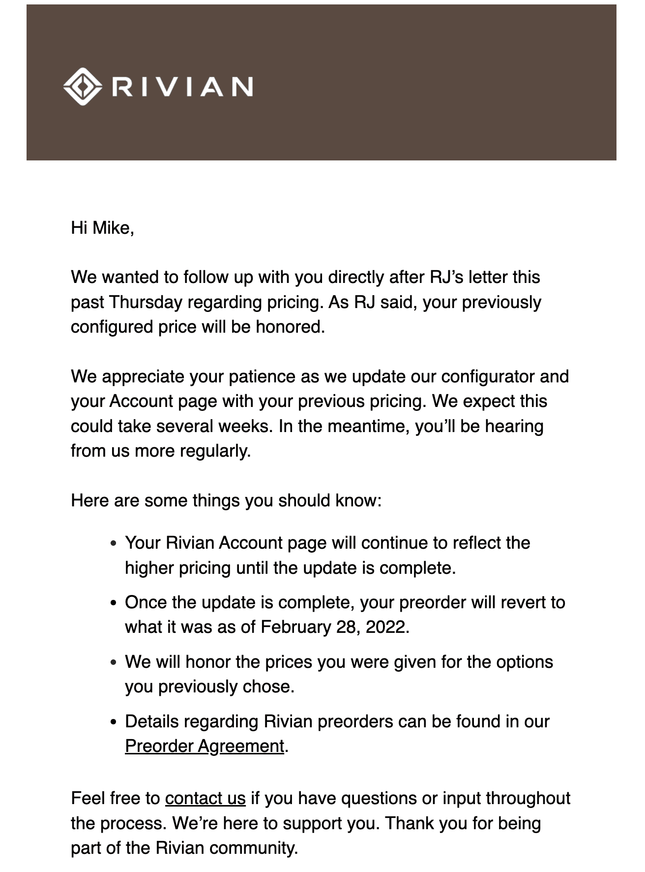 Rivian R1T R1S Customer Service letter on price rollbacks Screen Shot 2022-03-06 at 8.15.30 PM