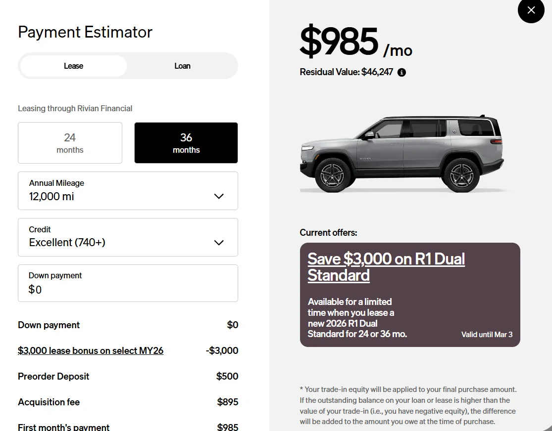 Rivian R1T R1S Planning to lease R2. Assuming 65k out the door price, what will a lease look like? 1772485320435-bi