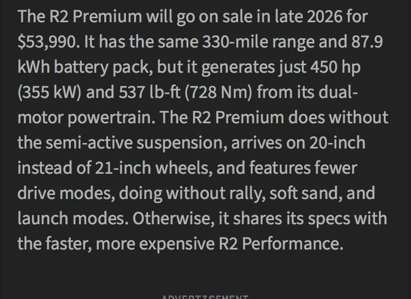 Rivian R1T R1S 2026 R2 pricing, range & specs! $57,990 Performance Launch Edition / $53,990 Premium /  $48,490 Standard / $45,000 Standard (Smaller Battery) ars_4