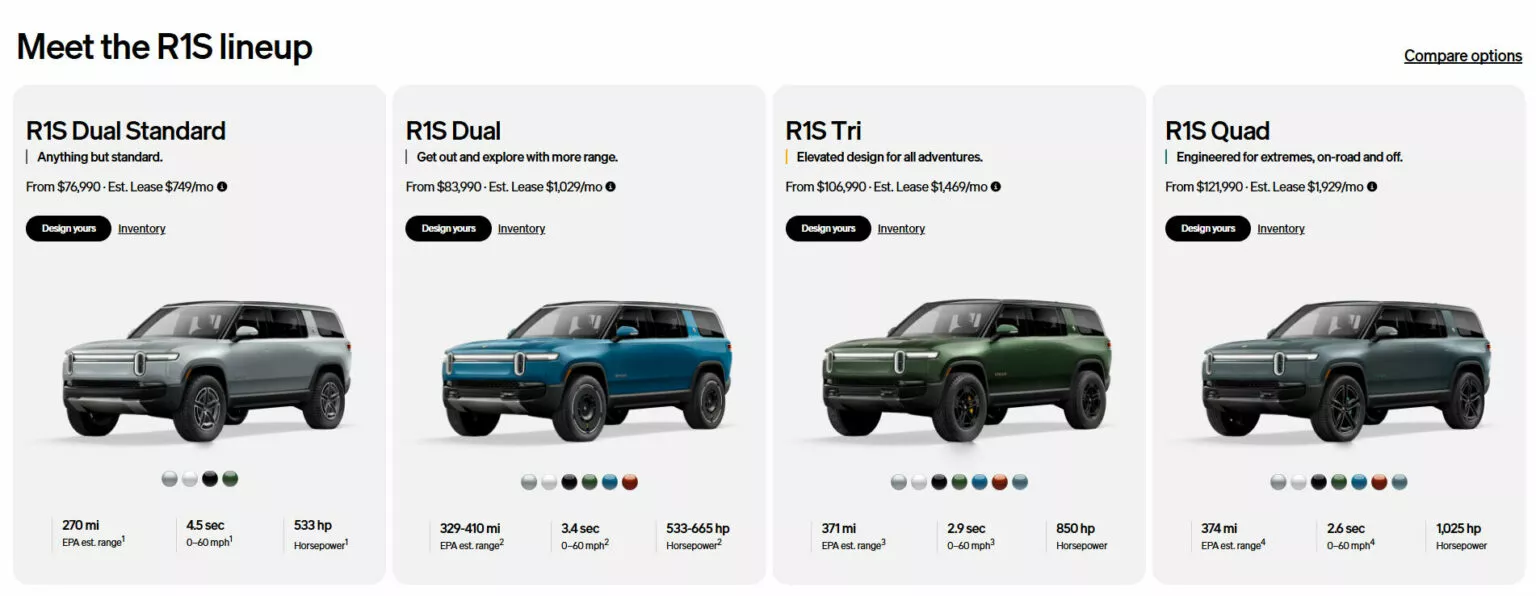 Rivian R1T R1S Rivian Cancels Dual Standard Range (SR) R1... Will R2 Max Out at $70K? Rivian-R1S-Lineup-1536x596