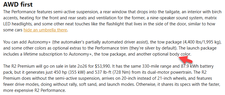 Rivian R1T R1S 2026 R2 pricing, range & specs! $57,990 Performance Launch Edition / $53,990 Premium /  $48,490 Standard / $45,000 Standard (Smaller Battery) R2