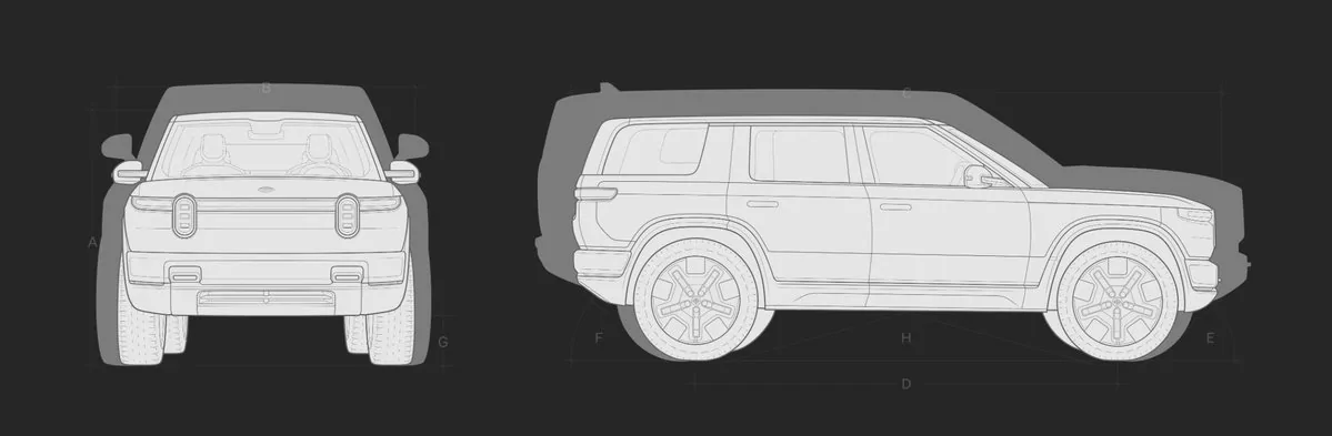 Rivian R1T R1S R2 vs. Model Y vs. R1 size comparison (dimensions: length, width, height, wheelbase, storage capacity) HDOKInJW0AAN685