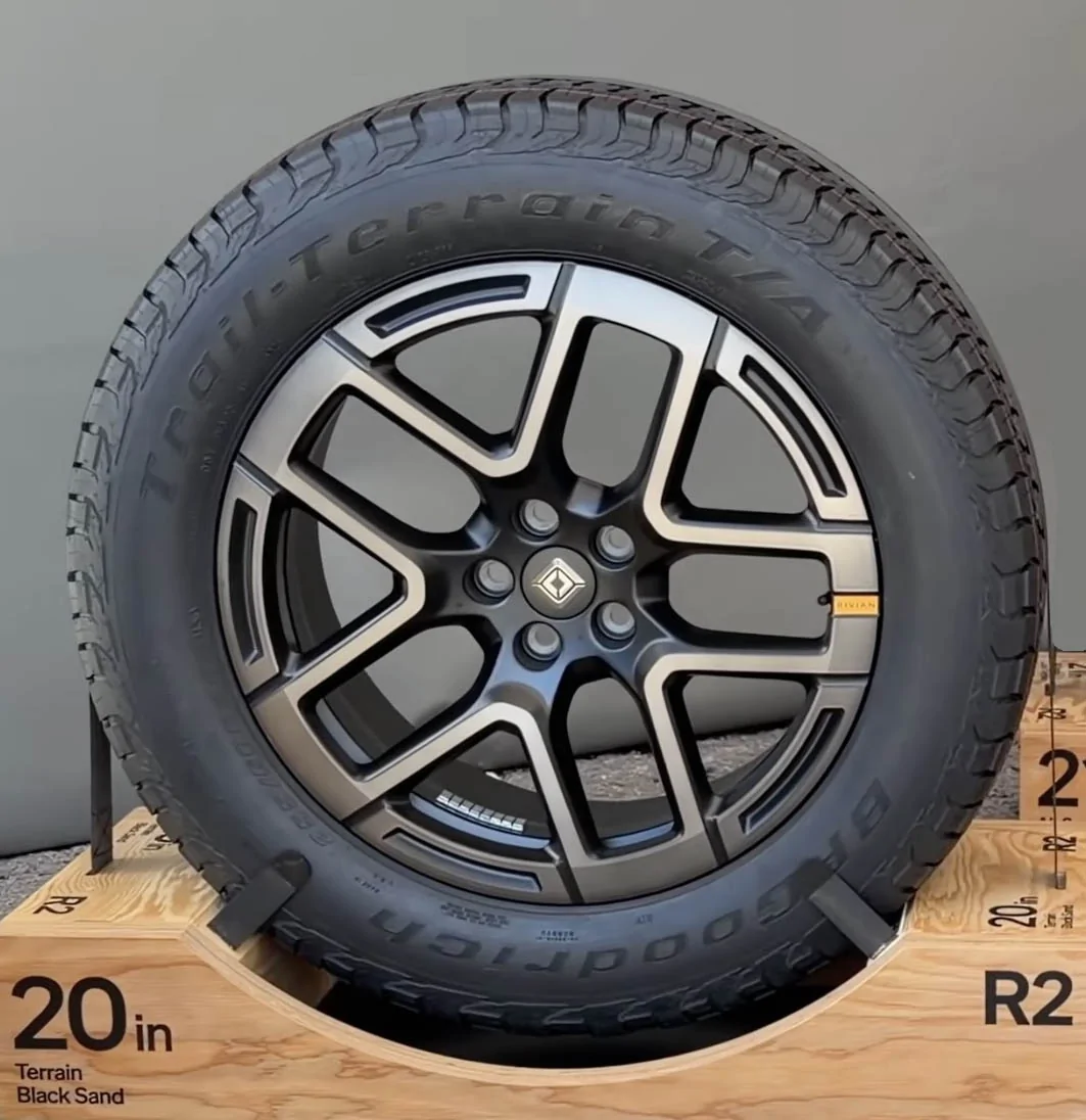 Rivian R1T R1S R2 Wheels Options, Tire Sizes, Width, Offset - Hub Bore Size - 19" and 20" 20%22 All Terrain AT Wheel (Performance Trim) Tires BFG Trail Terrain T:A 255:60R20