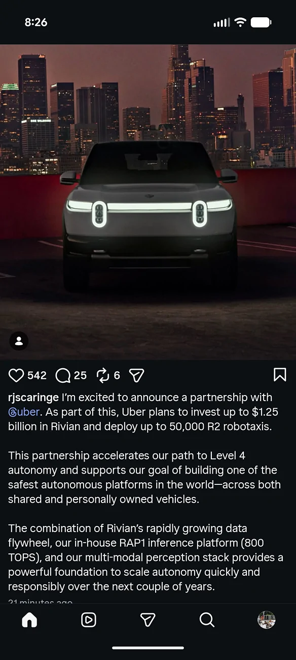Rivian R1T R1S Uber & Rivian Announce Autonomous R2 Robotaxi Partnership (w/ 1.25 Billion Investment) Screenshot_20260319-082650