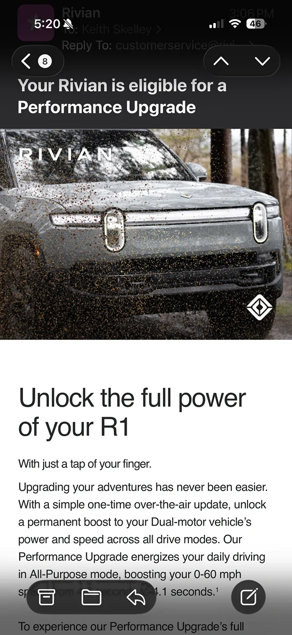 Rivian R1T R1S Anyone else notice the performance upgrade dissapeared? IMG_0094