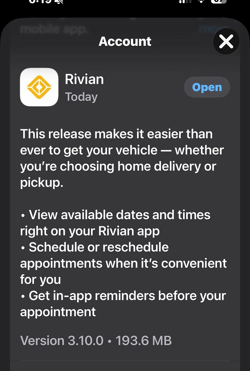 Rivian R1T R1S Rivian mobile app update 3.10.0 IMG_0597