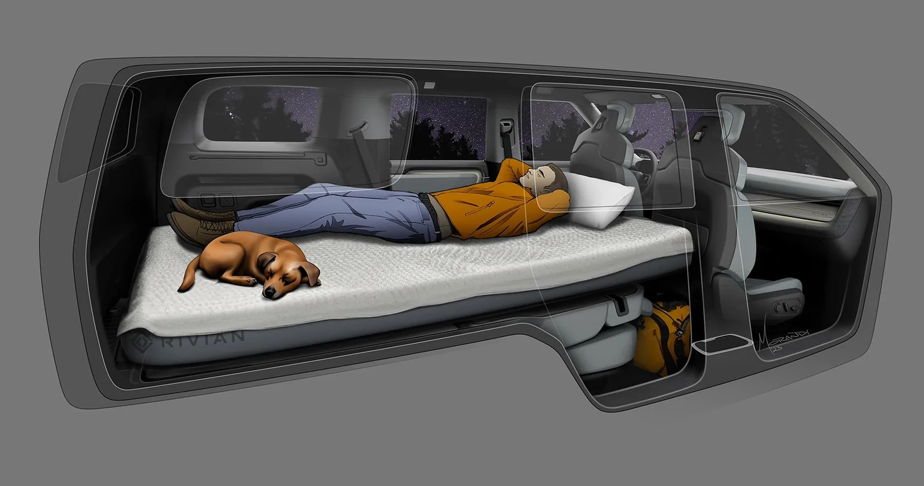Rivian R1T R1S Sleeping / camping in back of R2 cargo area - 6'4" tall person fits (diagonally) 472709936_10112525744180193_907483002677261939_n