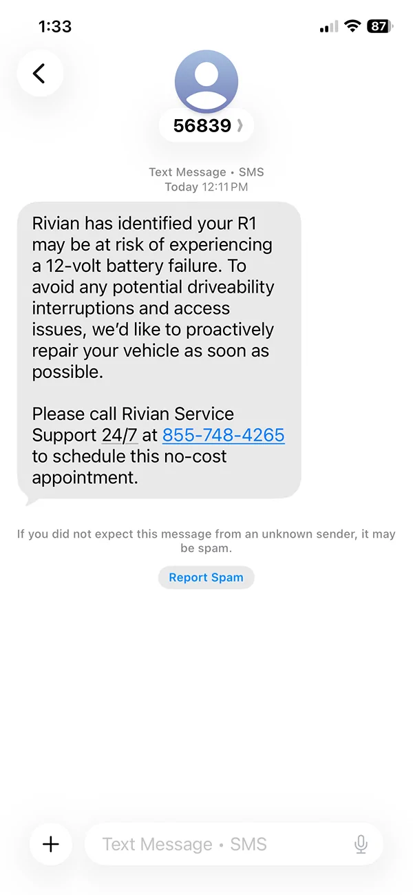 Rivian R1T R1S "Rivian has identified your R1 may be at risk of experiencing a 12-volt battery failure." IMG_1009