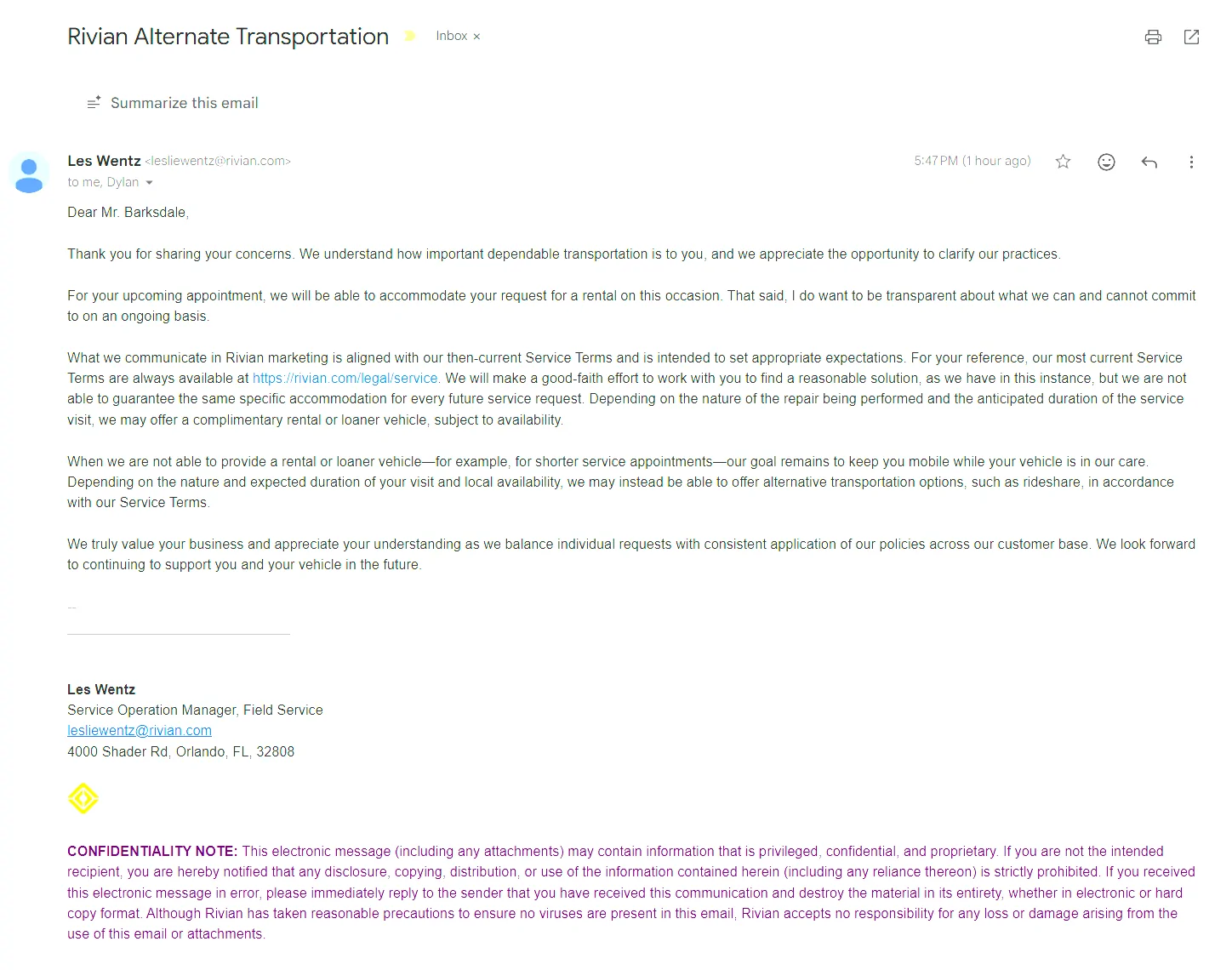 Rivian R1T R1S Rivian Service policy - no alternative transportation unless vehicle kept for 48 hrs 1775000601978-p3