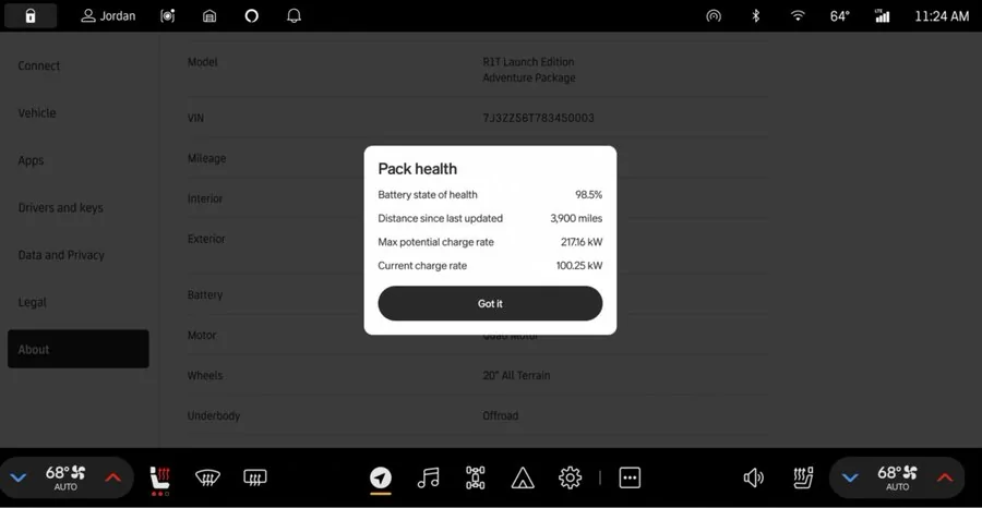 Rivian R1T R1S Battery pack SOH state of health data is coming in software update! (SOH, distance since last updated, max potential charge rate, current charge rate) rivian battery pack health data