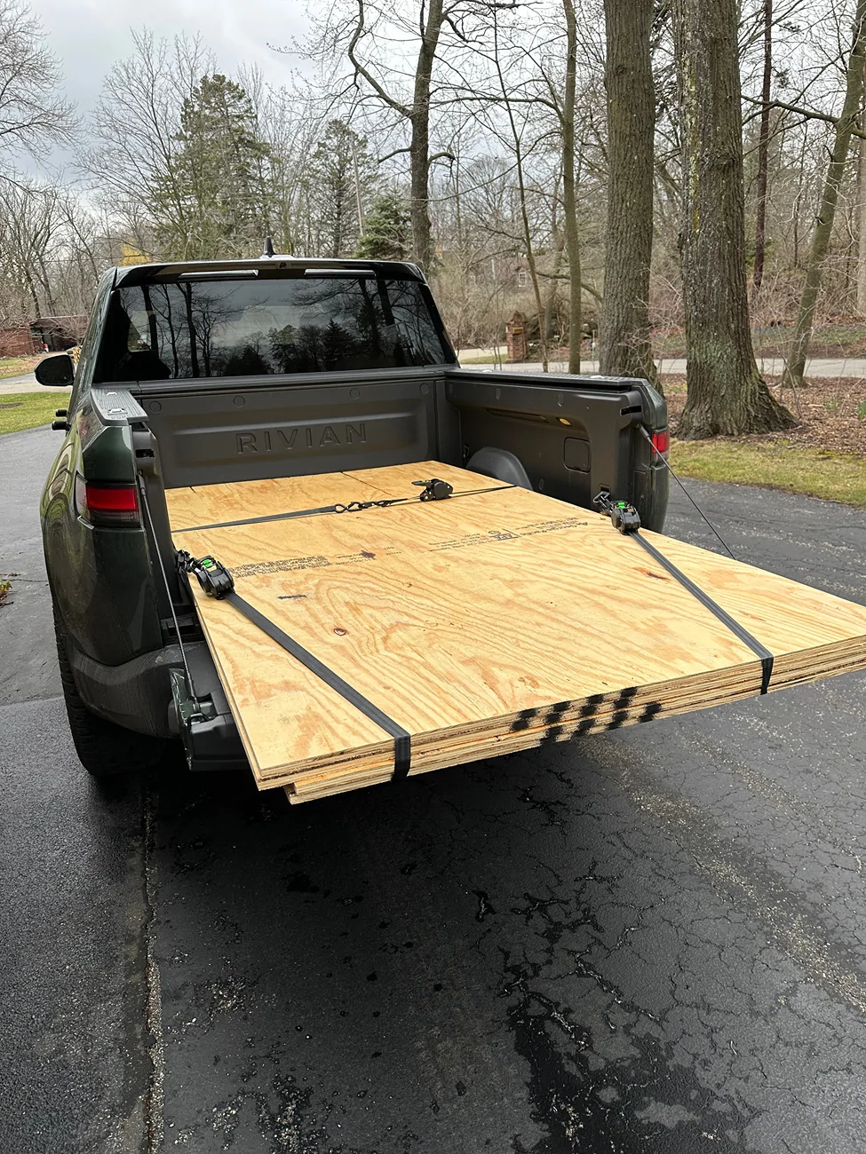 Rivian R1T R1S Securing plywood in R1T bed IMG_4565