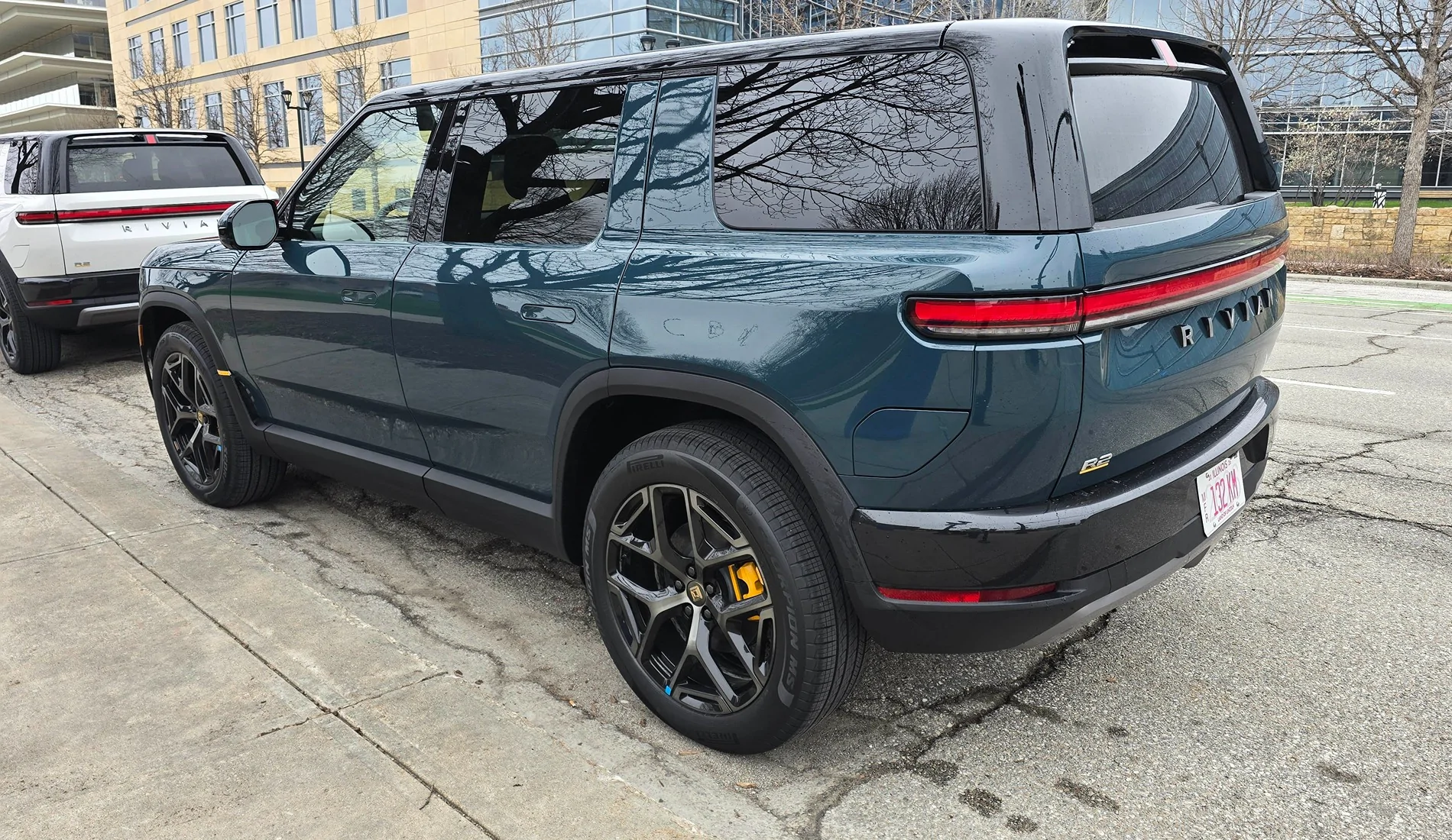 Rivian R1T R1S Glacier White R2 + Catalina Cove R2 in cloudy / overcast weather - photos Catalina Cove Rivian R2 2