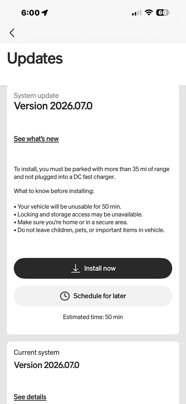 Rivian R1T R1S 2026.07.0 update again (same version, different build) IMG_7048