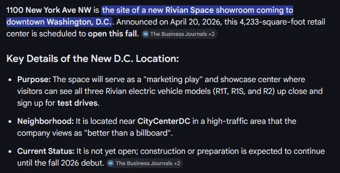 Rivian R1T R1S New Rivian Space showroom coming to DC (1100 New York Ave. NW near CityCenter) 1776794199051-7