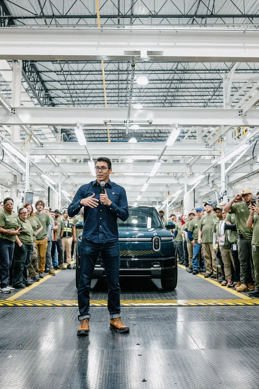 Rivian R2 Start of product pictures - RJ, workers and Catalina Cove R2 at the plant3.webp