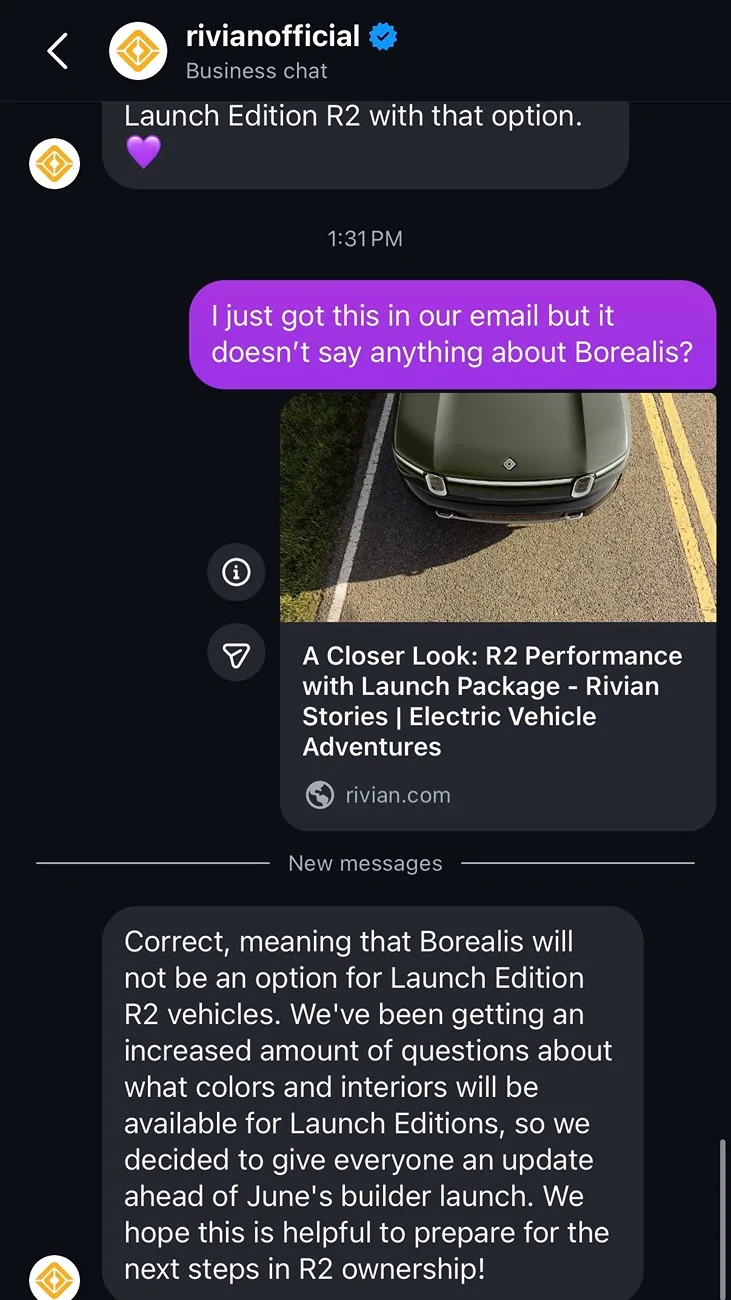 Rivian R1T R1S Borealis and Forest Green not available at R2 launch IMG_1931