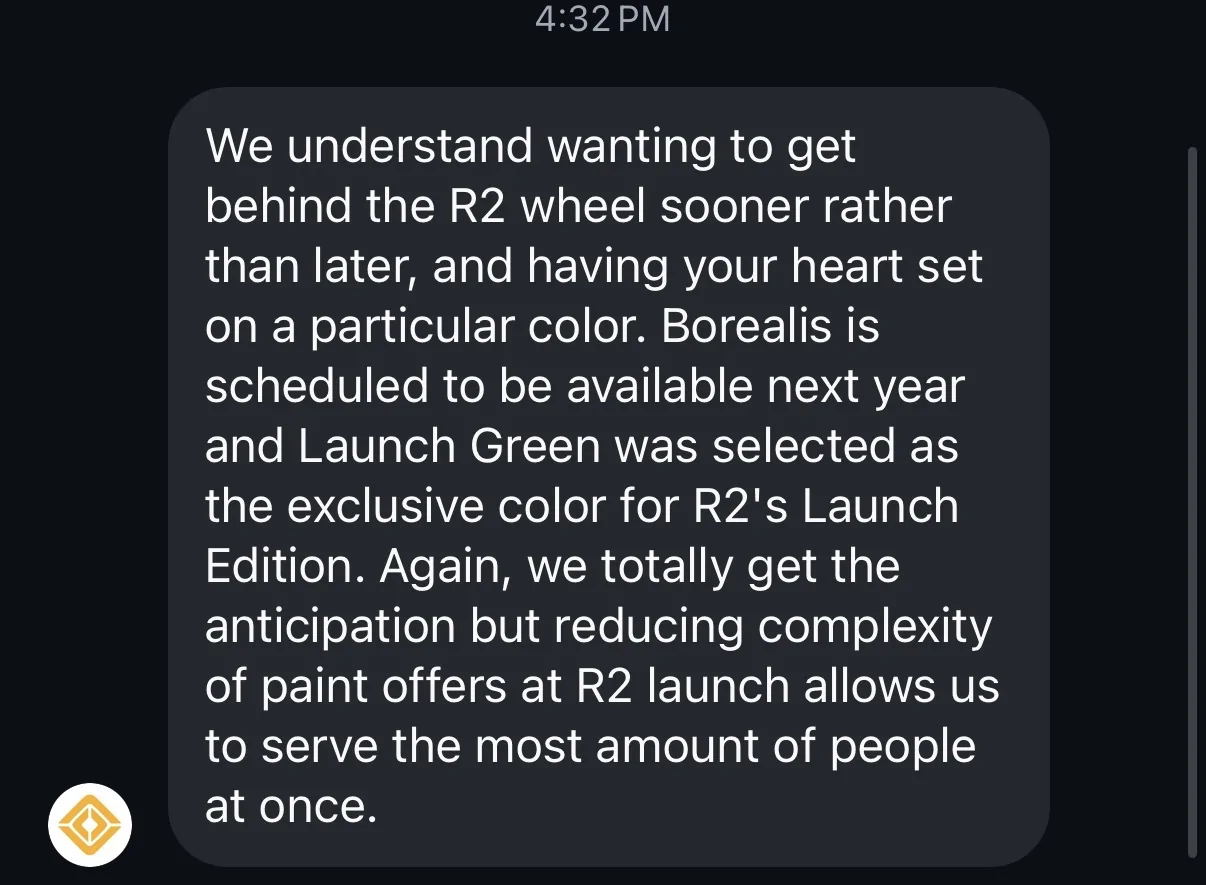 Rivian R1T R1S Borealis and Forest Green not available at R2 launch IMG_1933