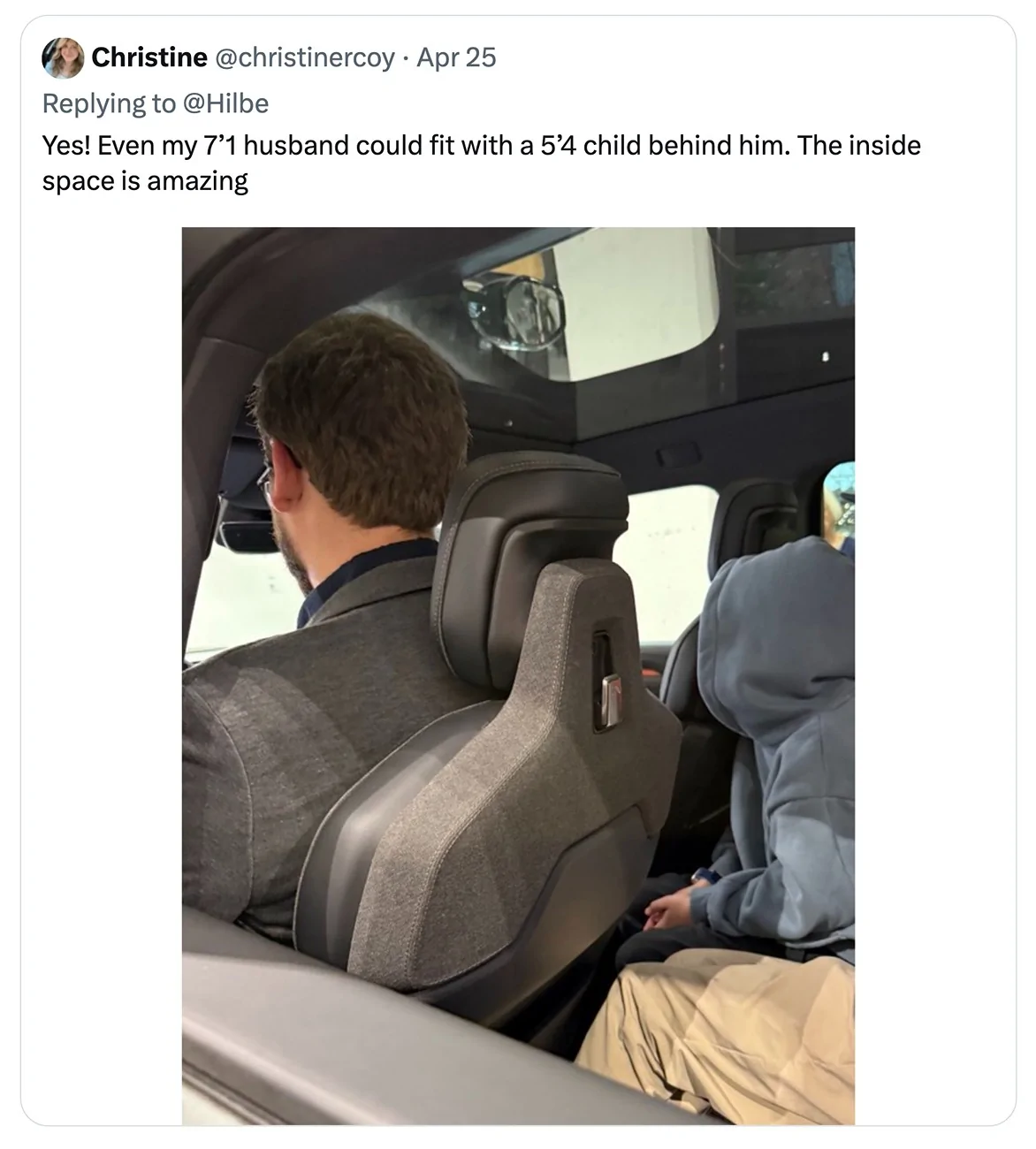 Rivian R1T R1S Tall & big people fit in R2 with impressive legroom & headroom (even 7 foot driver / passenger!) 7'1%22 tall driver rivian r2