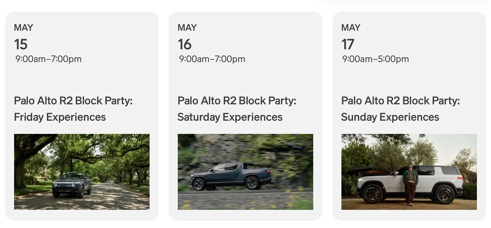 Rivian R1T R1S Palo Alto & Miami R2 Block Parties -- RSVP Signup Page / Dates (May 15-17) Palo Alto R2 Block Party