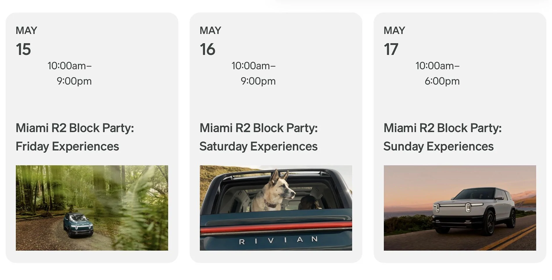Rivian R1T R1S Palo Alto & Miami R2 Block Parties -- RSVP Signup Page / Dates (May 15-17) Miami R2 Block Party