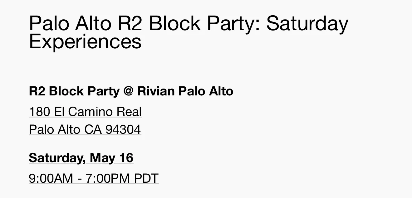 Rivian R1T R1S Palo Alto & Miami R2 Block Parties -- RSVP Signup Page / Dates (May 15-17) 1778078174619-el