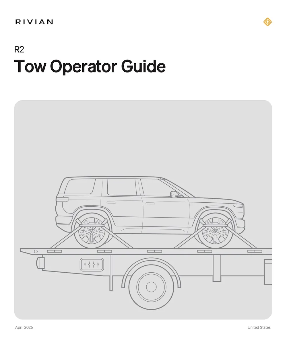 Rivian R1T R1S R2 Tow Guide: Jump Start 12V Battery, Spare Tire Change, Flat Tow, Flatbed Towing, Recovery & More R2 Tow Guide Jump Start 12V Battery, Spare Tire Change, Flat Tow, Flatbed Towing, Recovery & 