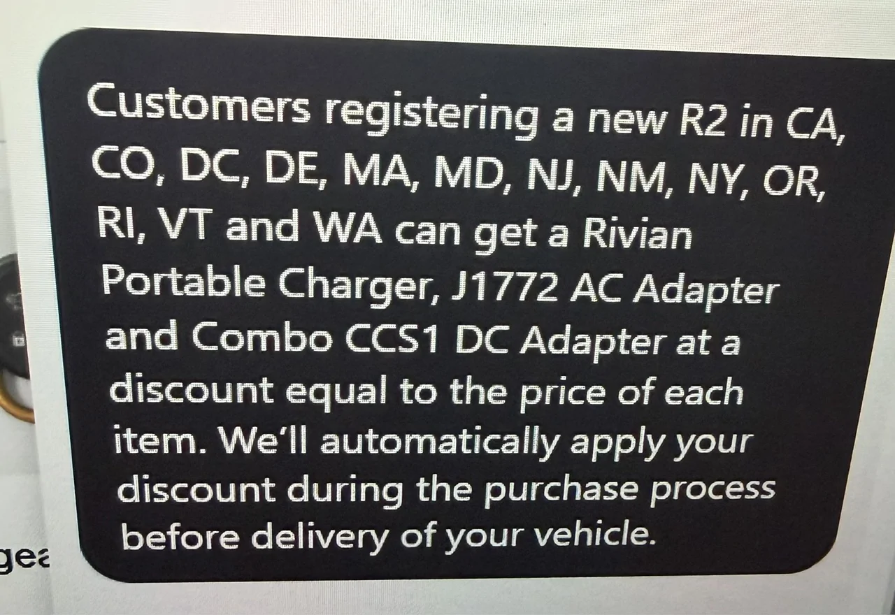 Rivian R1T R1S Portable charger and adapters will only be free in certain states (for R2)..... IMG_8265