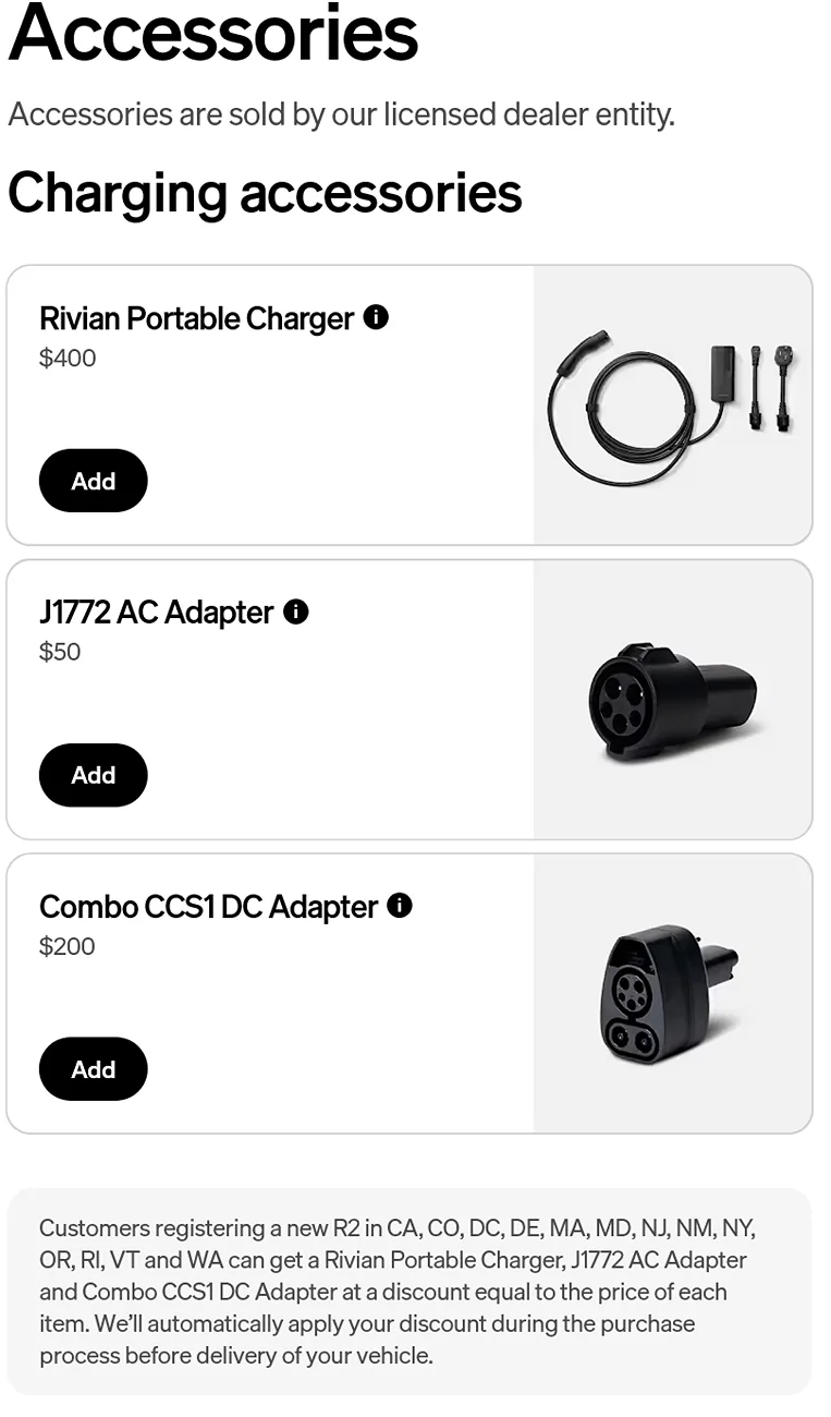 Rivian R1T R1S Portable charger and adapters will only be free in certain states (for R2)..... Included charger