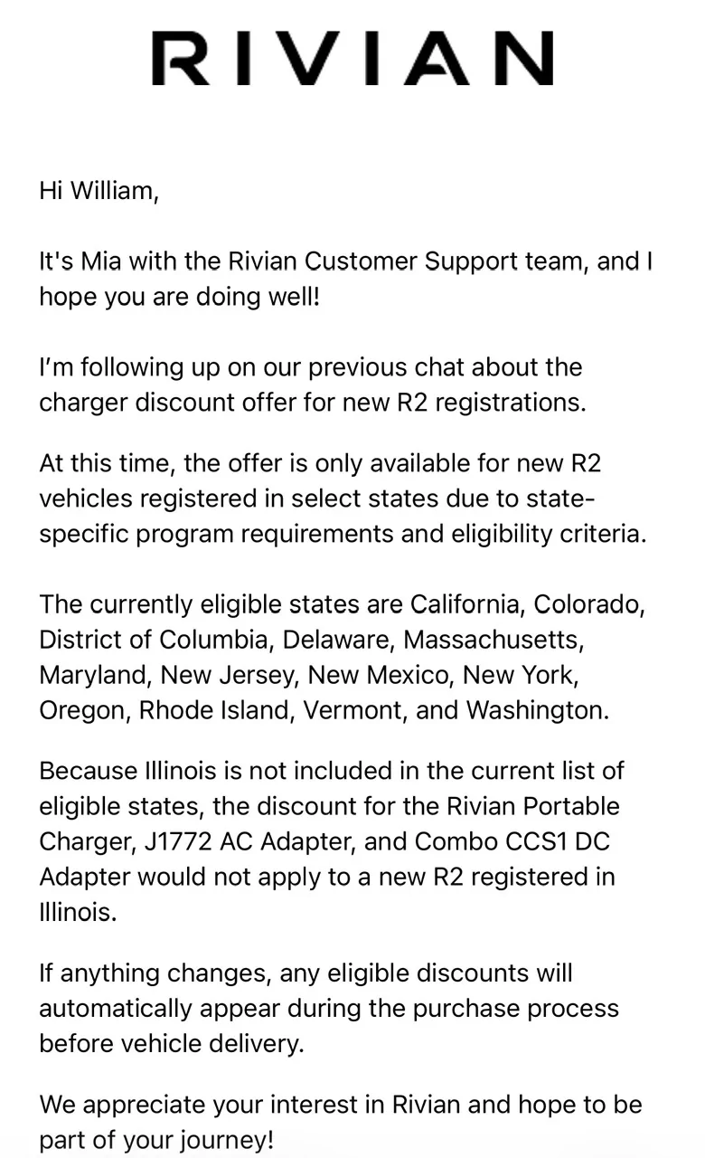 Rivian R1T R1S Portable charger and adapters will only be free in certain states (for R2)..... image0