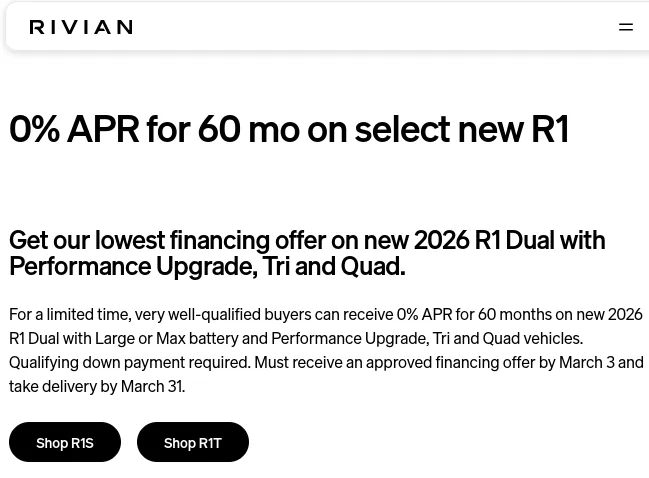Rivian R1T R1S Did Rivian Financing Just go to 0% 1779302520402-vd