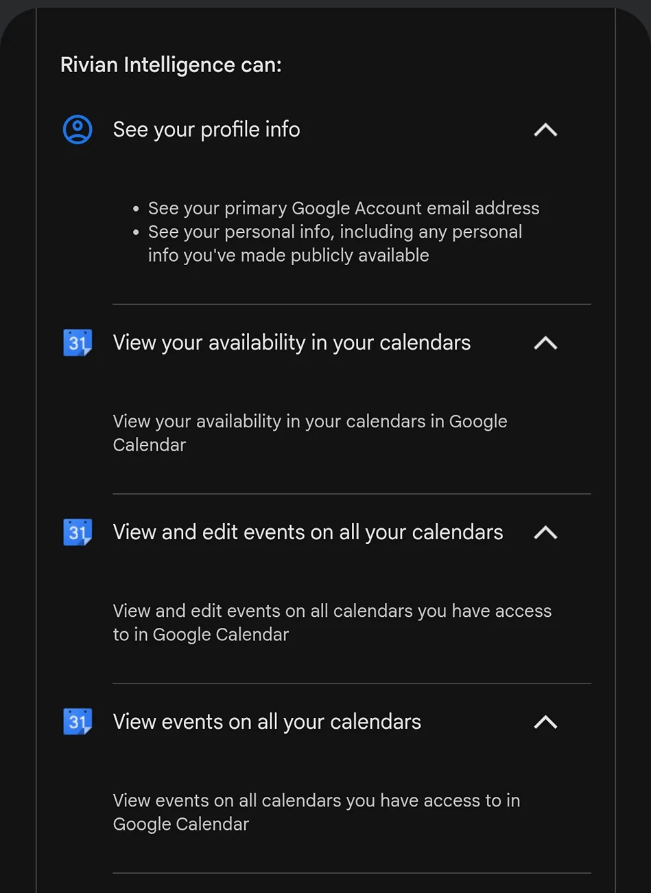 Rivian R1T R1S Rivian Assistant not accessing all my calendars? Screenshot_20260520-182440~2