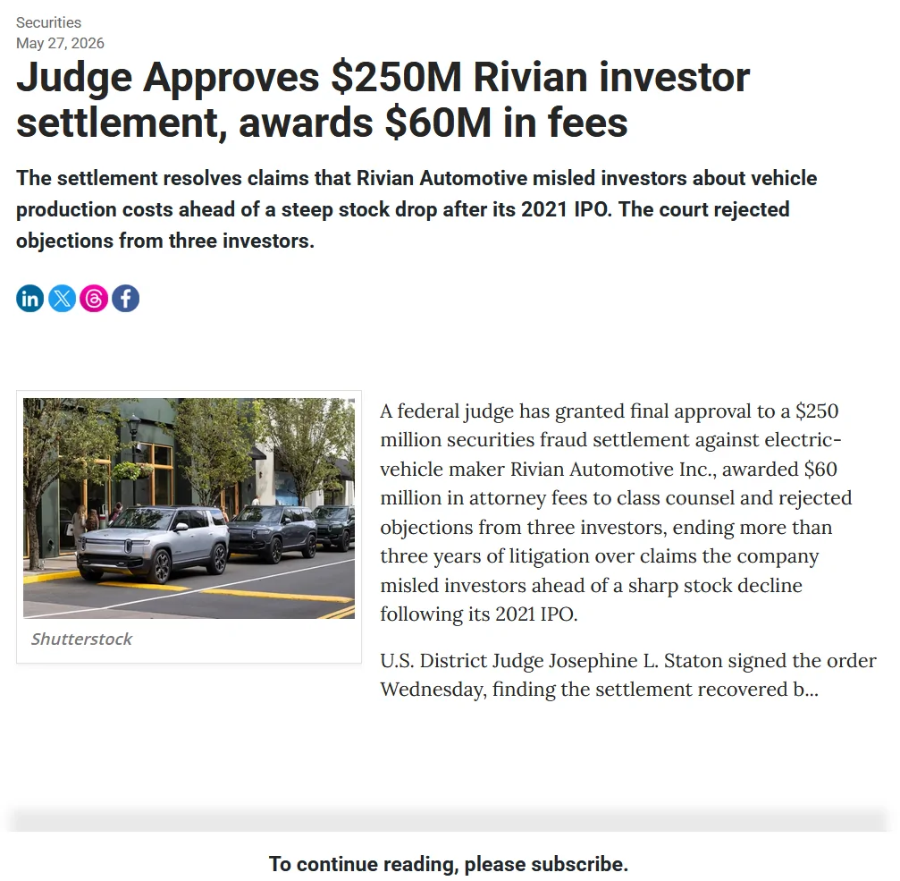 Rivian R1T R1S Judge Approves $250M Rivian investor settlement, awards $60M in fees 1779903480815-8s