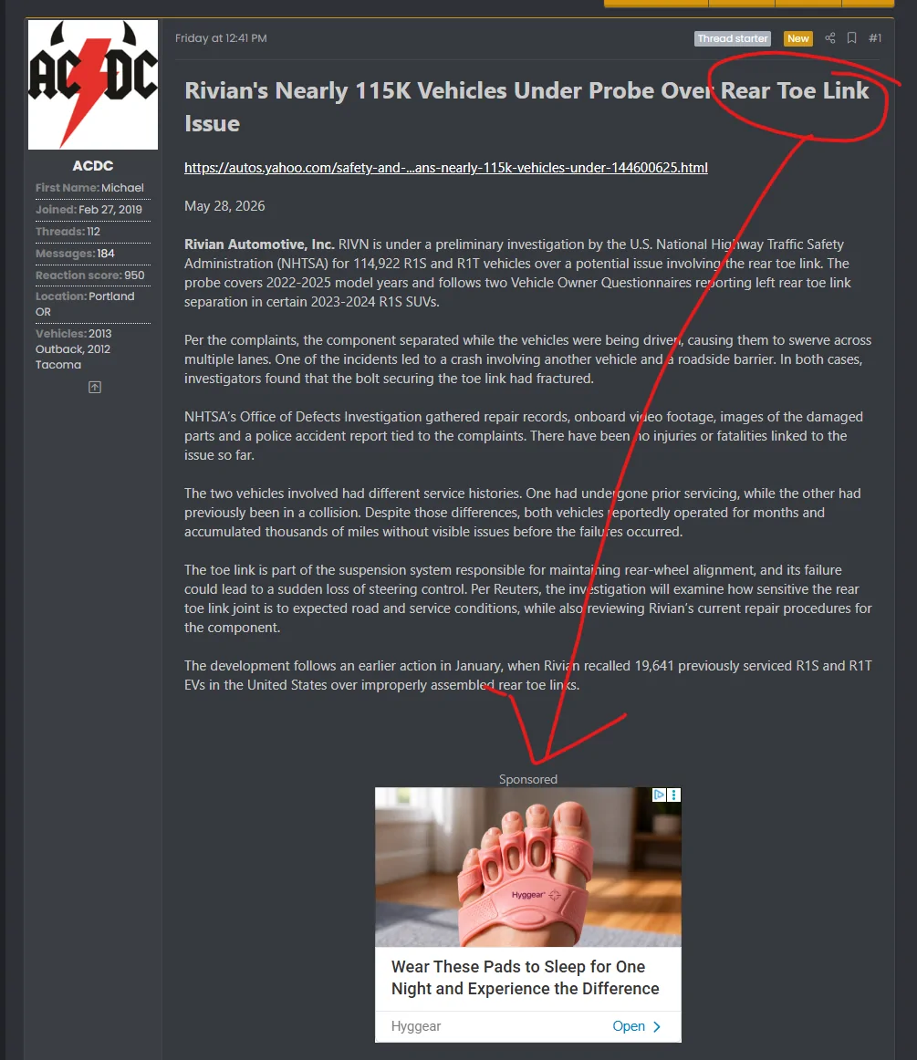 Rivian R1T R1S Rear Toe Links Issue under investigation by NHTSA (2022-2025 R1S / R1T  -- 114,922 vehicles) 1780327598550-3u