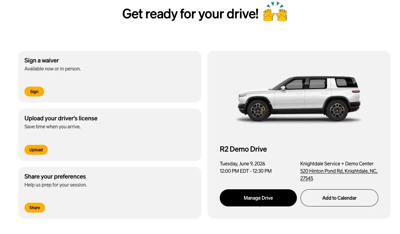 Rivian R1T R1S R2 Demo Drive Scheduling is LIVE! Anyone book test drive yet? Screenshot 2026-06-09 at 8.55.01 AM