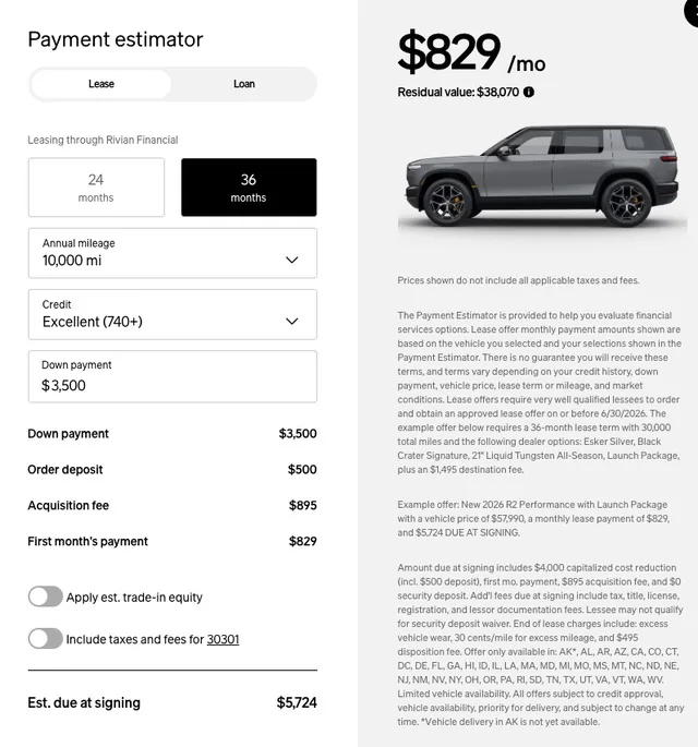 Rivian R1T R1S Planning to lease R2. Assuming 65k out the door price, what will a lease look like? IMG_2217