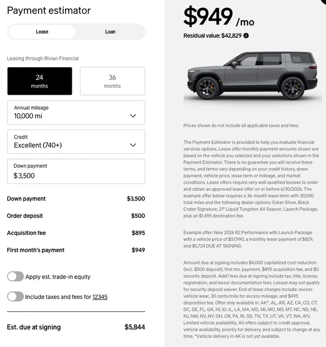 Rivian R1T R1S Planning to lease R2. Assuming 65k out the door price, what will a lease look like? IMG_2218