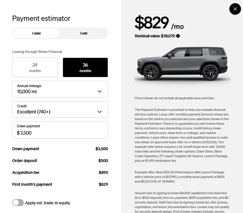 Rivian R1T R1S Finance vs. Lease the R2 -- the math R2