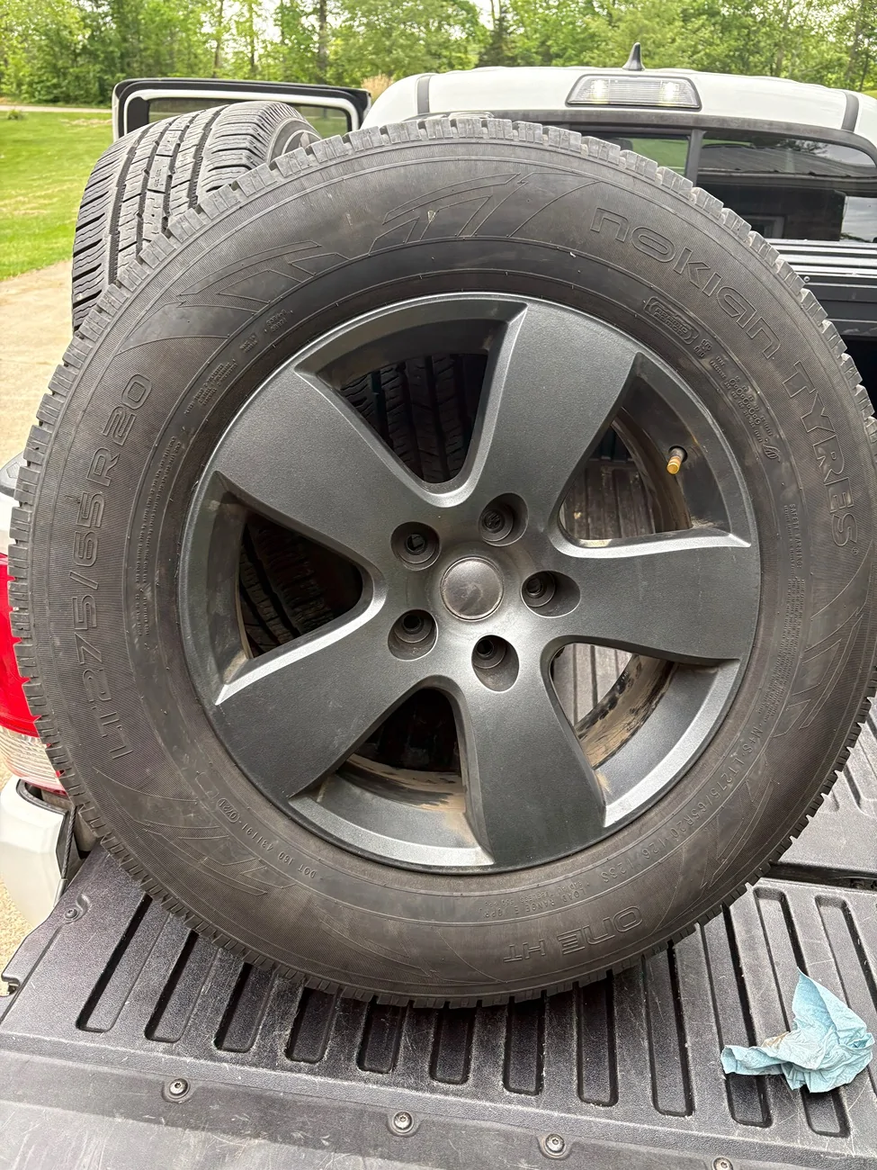 Rivian R1T R1S Powder coated dodge 2363 wheels, sensors, rings and Nokian One HT 275/65/20 with 60% tread IMG_1123