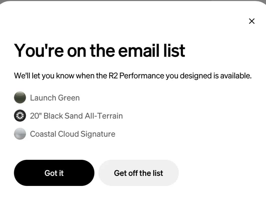 Rivian R1T R1S R2 order emails now going out Image 6-16-26 at 9.10 AM