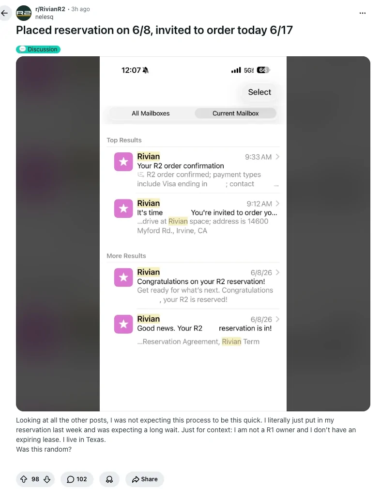 Rivian R1T R1S R2 order emails now going out Screenshot 2026-06-17 at 4.15.21 PM