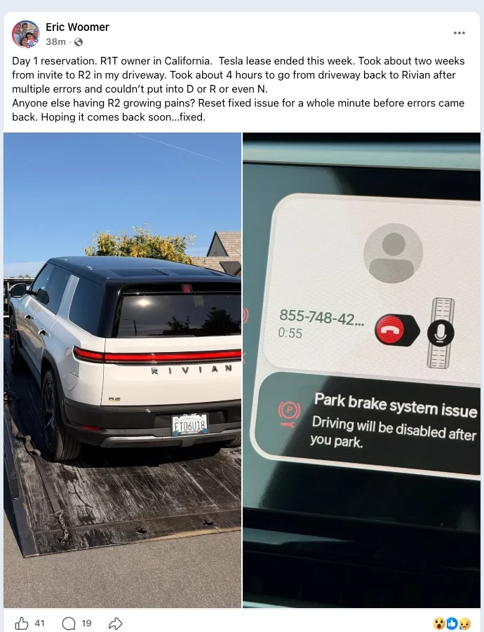 Rivian R1T R1S Rivian R2 teething/early gremlin issues -- new owner needs flatbed 4 hours after delivery r2_flatbed