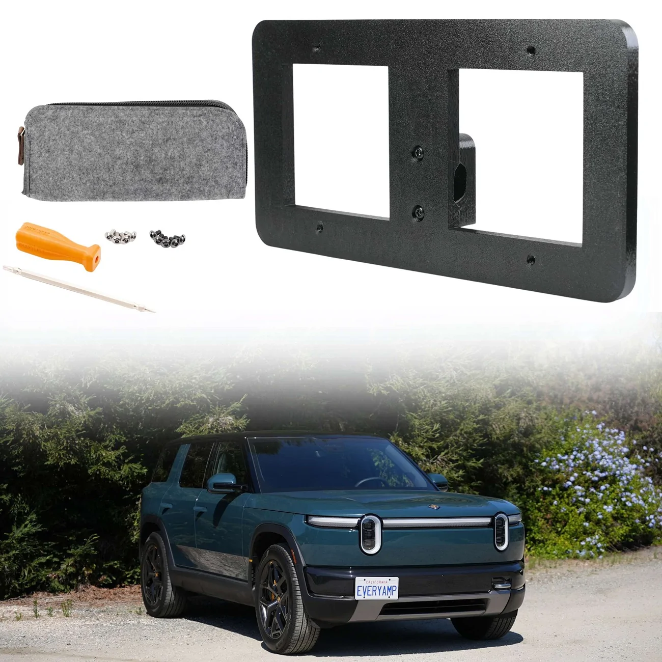 Rivian R1T R1S R2 Tow Hook Front License Plate Mount by EveryAmp Tow Hook Mount for 2026 Rivian R2 w Acc Main Fad