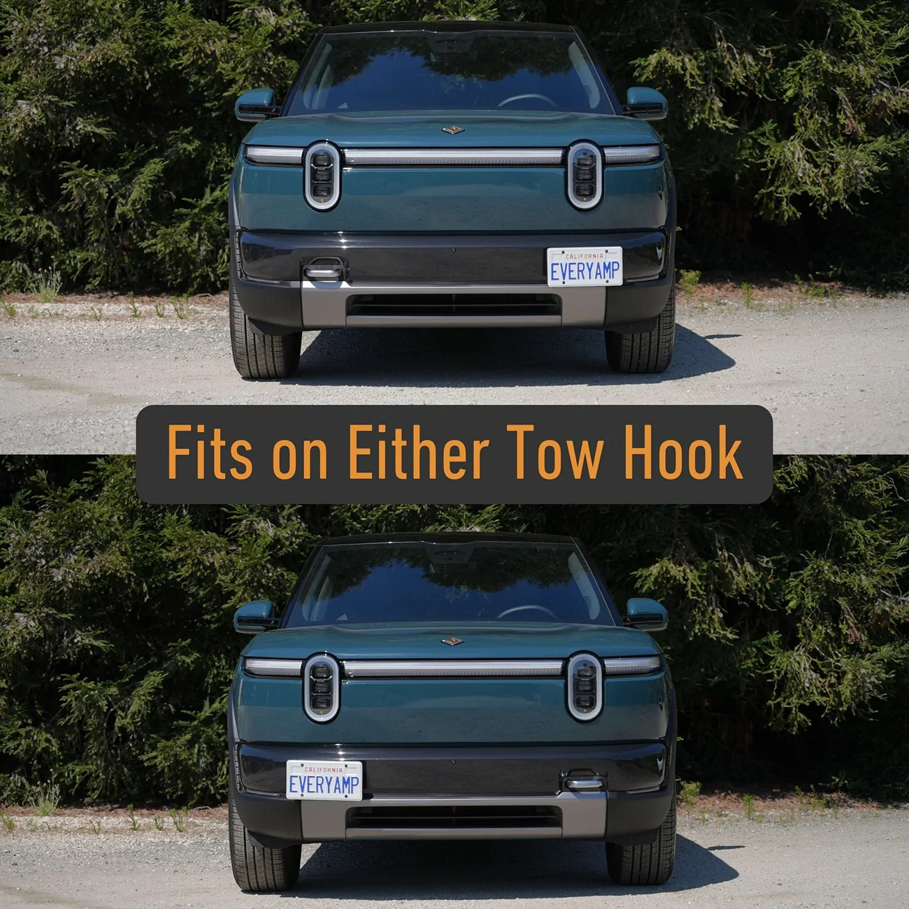 Rivian R1T R1S R2 Tow Hook Front License Plate Mount by EveryAmp Tow Hook Mount for 2026 Rivian R2 works on either tow hook