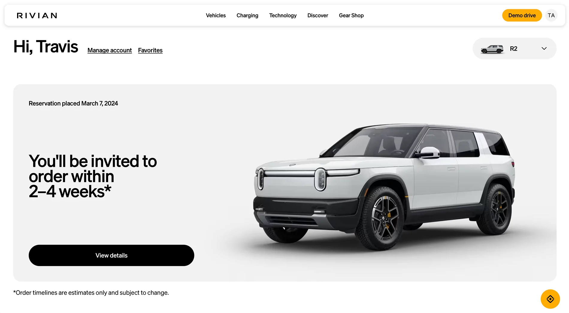 Rivian R1T R1S Update on timing now in account Image 6-30-26 at 9.29 AM