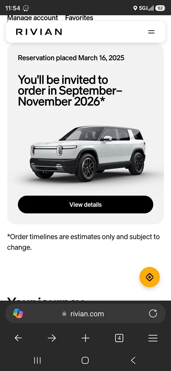 Rivian R1T R1S Update on timing now in account 1000002060