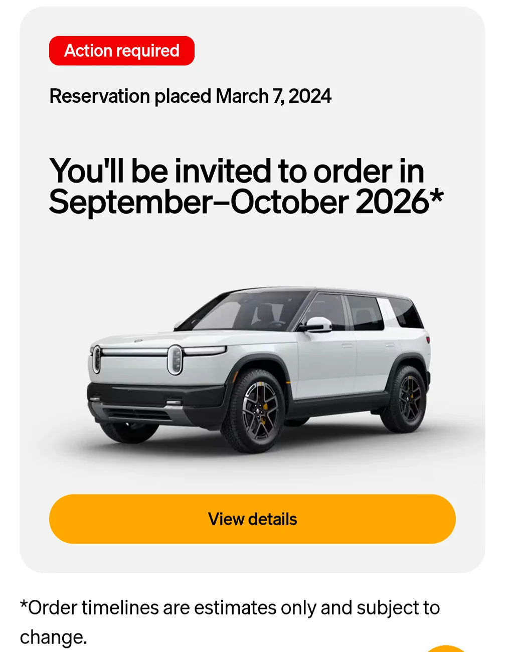 Rivian R1T R1S Update on timing now in account 1000010182